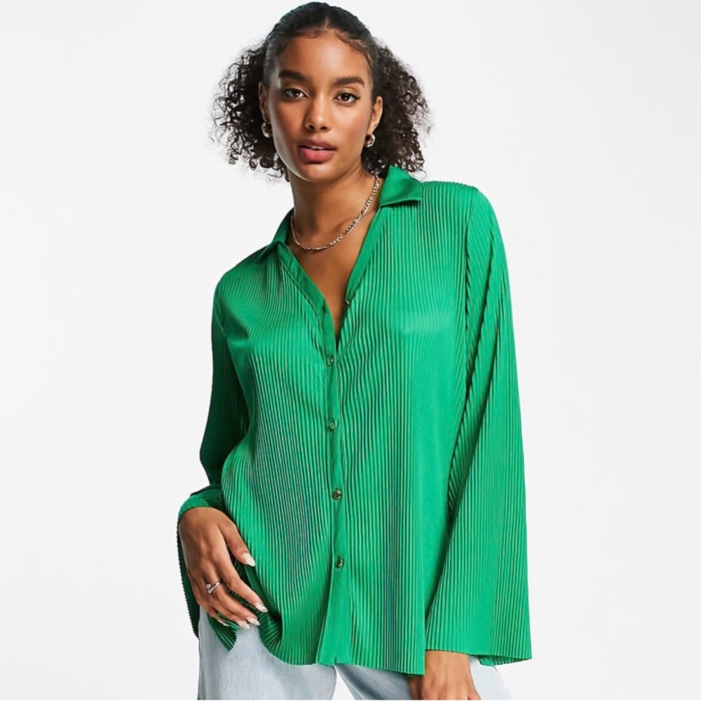 River Island Green Plissé Pleated Button-Up Shirt, L